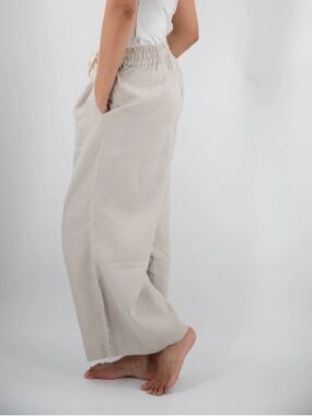 Sunday Morning Ava Wide Leg 100% French Flax Linen Pants Tan Oatmeal S/M